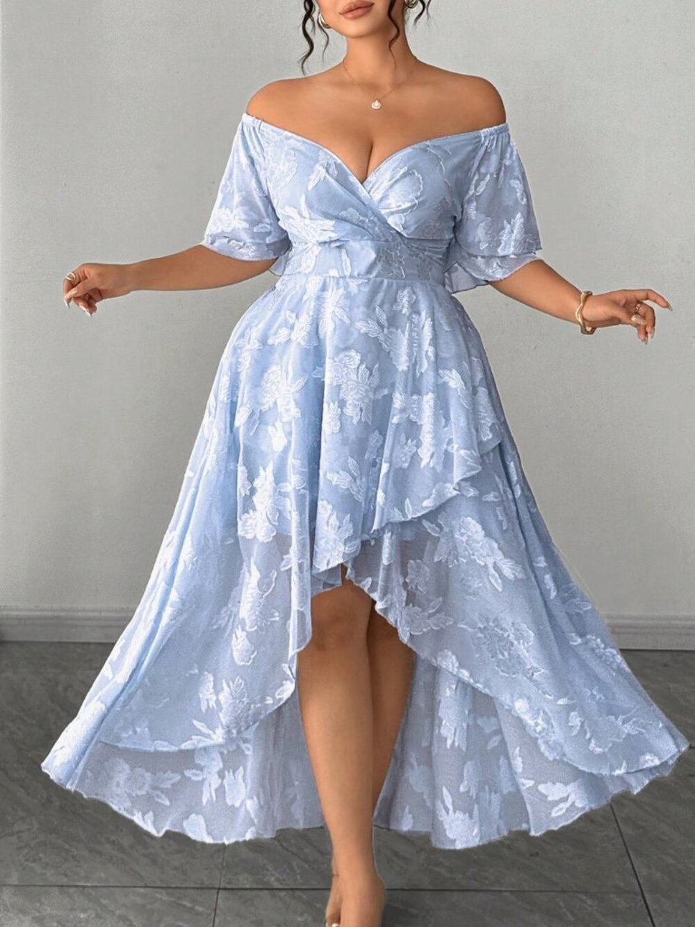 Baby Blue Elegant Women's Plus Size Wedding Guest hi low Maxi Dress